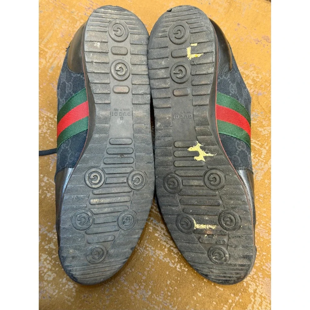 Gucci Mens 231715 GG Supreme Web Stripe Black Leather Low Top Sneakers 9.5 G